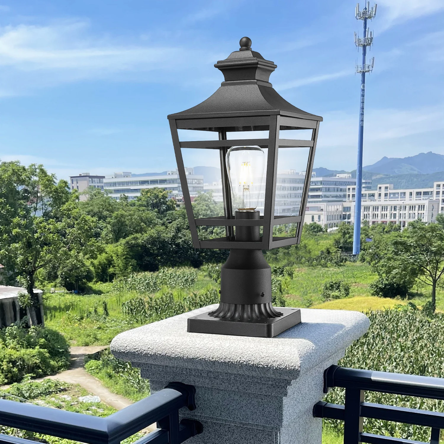 Lampu pos luar ruangan besar, perlengkapan lampu aluminium tahan air 18 inci dengan naungan kaca bening, Ideal untuk taman, teras, dan jalan