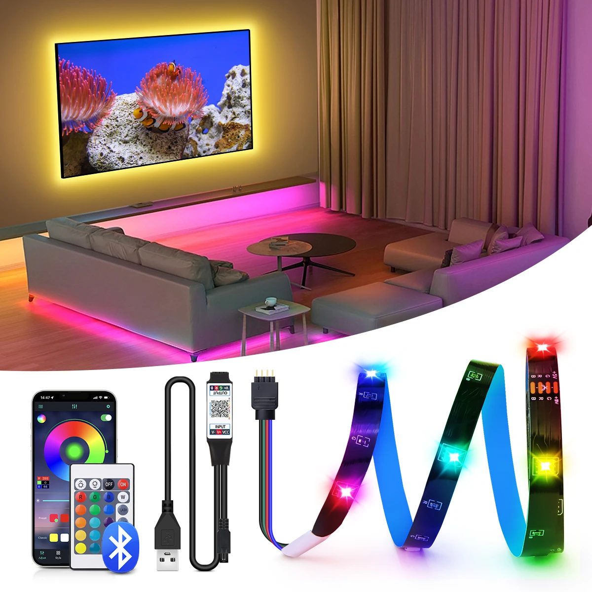 USB RGB LED Strip Lights With Wireless Bluetooth Control 24-Key Remote Control Music Sync 16-Million Colors Available For Party