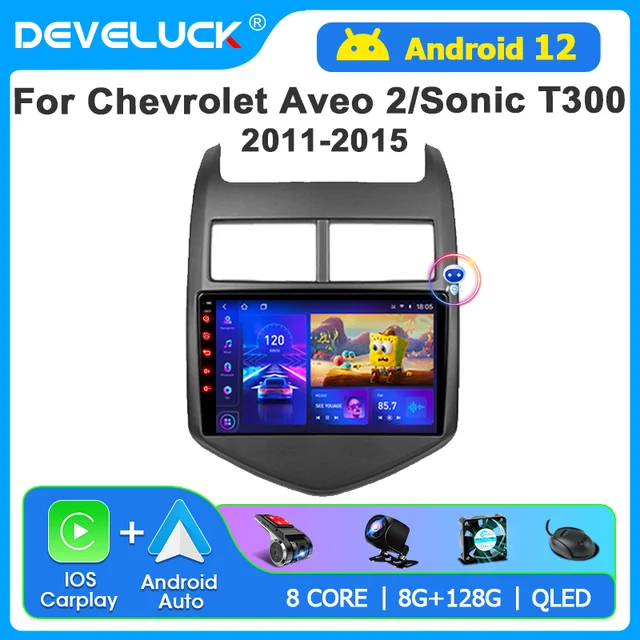 Develuck Android 12 Radio samochodowe dla Chevrolet Aveo 2 Sonic T300 2011 - 2015 odtwarzacz multimedialny Naviagtion 2 Din jednostka główna Carplay