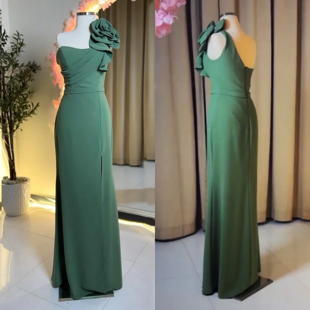 

Customized Jersey Ruffle Flower One-shoulder A-line Long Dresses Bespoke Occasion Simple Elegant Sizes Available