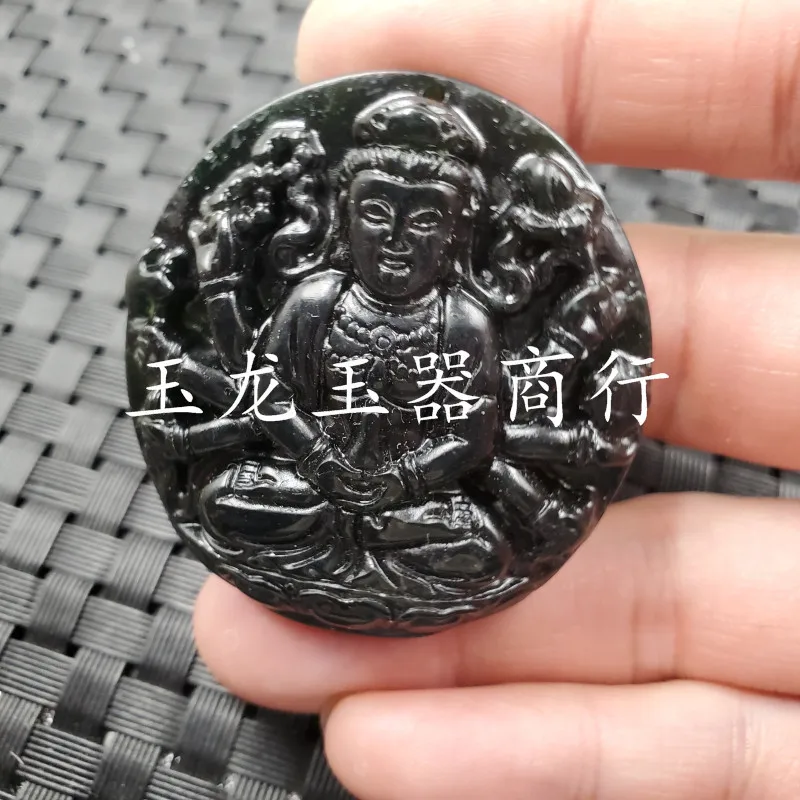 Jade Pendant Xinjiang Hetian Ink Jade Goddess Pendant Dark Green Serpentine Jade Thousand-Hand Guanyin Pendant Jade Pendant Jade