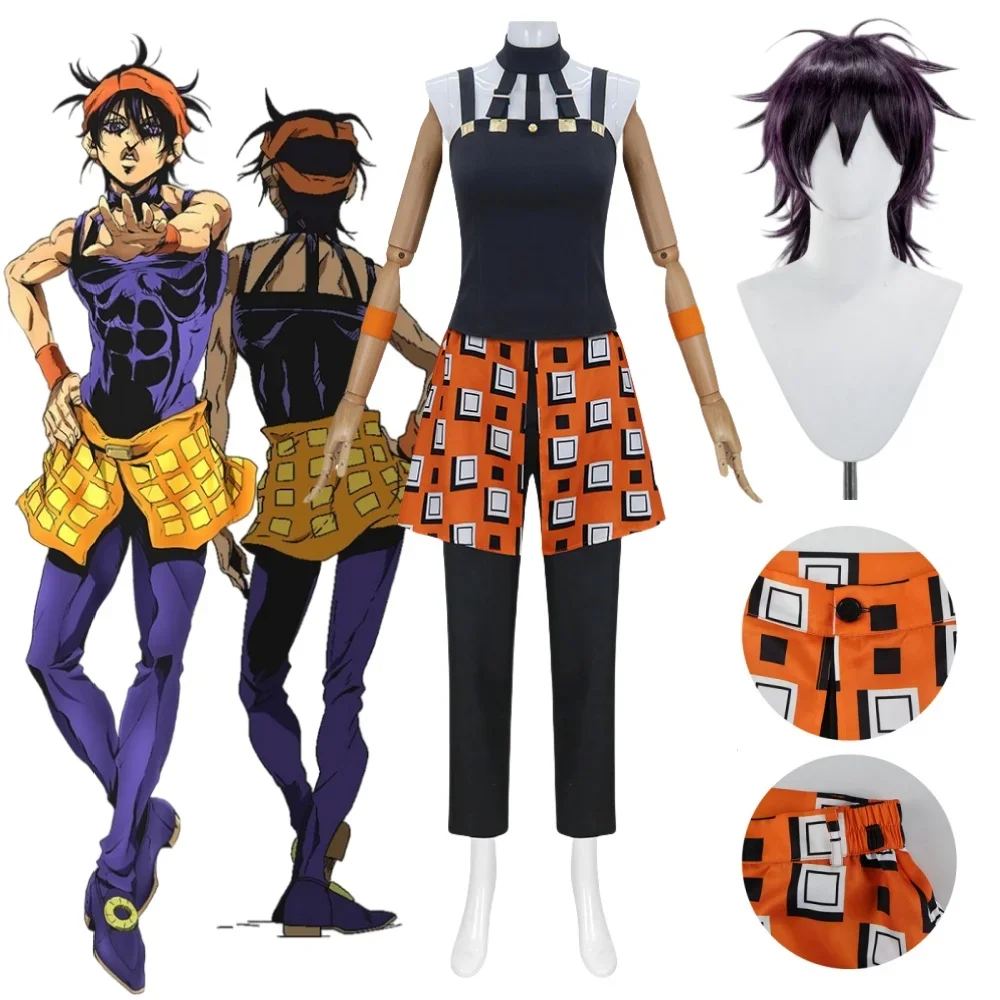 

JOJO Bizarre Adventure Golden Wind Narancia Ghirga Cosplay Costume Full Set Outfit Apron Wig Halloween Party Suit for Men Women