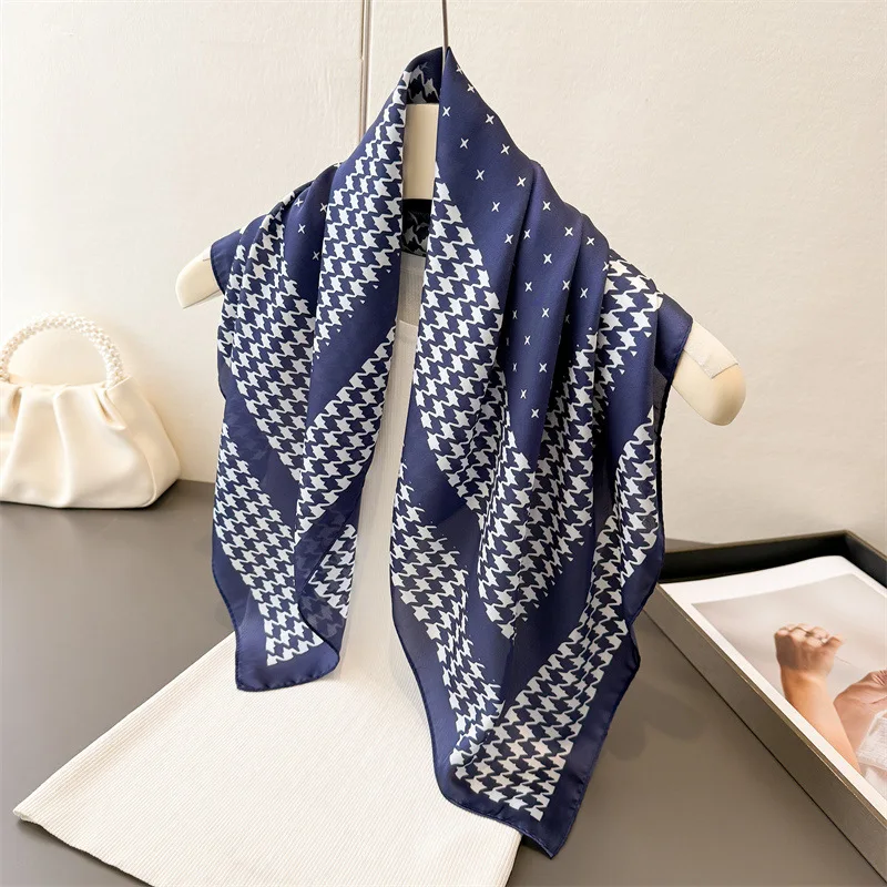 2026 New Houndstooth Print Silk Square Scarfs Women Soft Headscarf Decorate Neck Tie Kerchief Head Scarf Lady Hijab Female Wraps