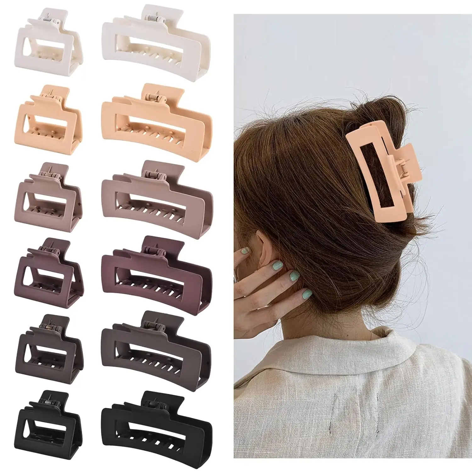 

12-Piece Rectangle Hair Clips – 6 Large (4") + 6 Small (2"), Neutral Tones