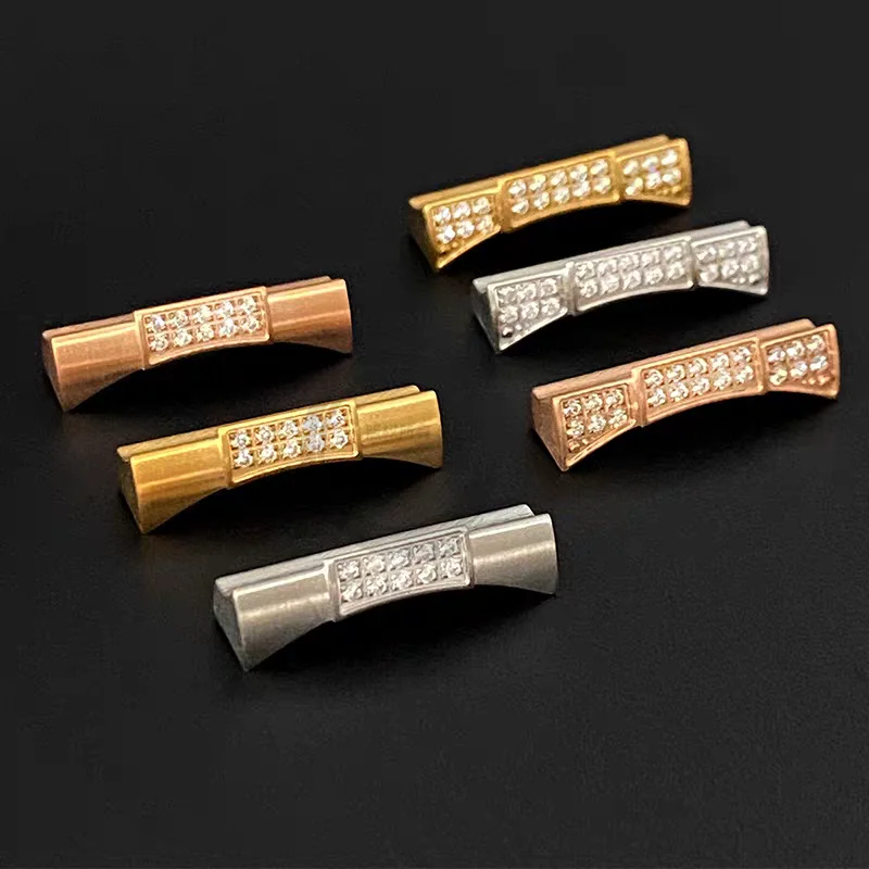 20mm Watch Strap Sliver Gold Band End Link Synthetic Diamonds Fits Rolex Daytona Submariner Yacht-Master Rubber Leather Strap