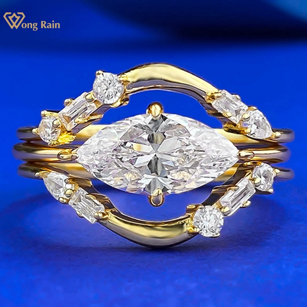 Wong Rain 18K Gold Plated 925 Sterling Silver Marquise Cut 6*12 MM Lab Sapphire Gemstone Ring Sets 3Pcs Fine Jewelry Wholesale