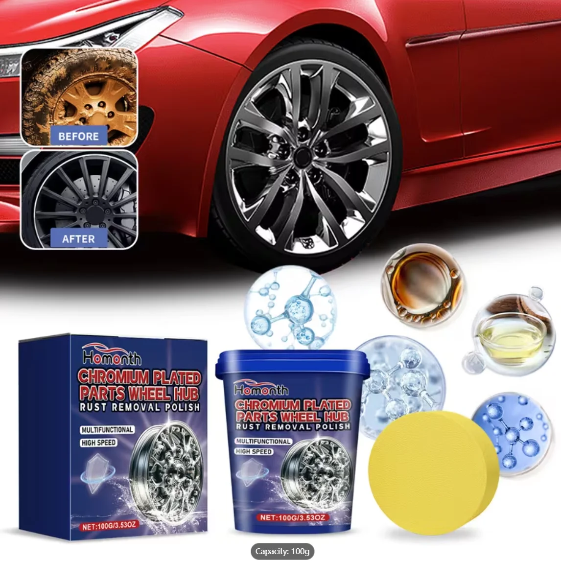 Homonth Chrome Plated Wheel Hub Rust Removal Polish, 100g - Multifunctional High-Speed Rust Remover & Polishing Paste with Spong