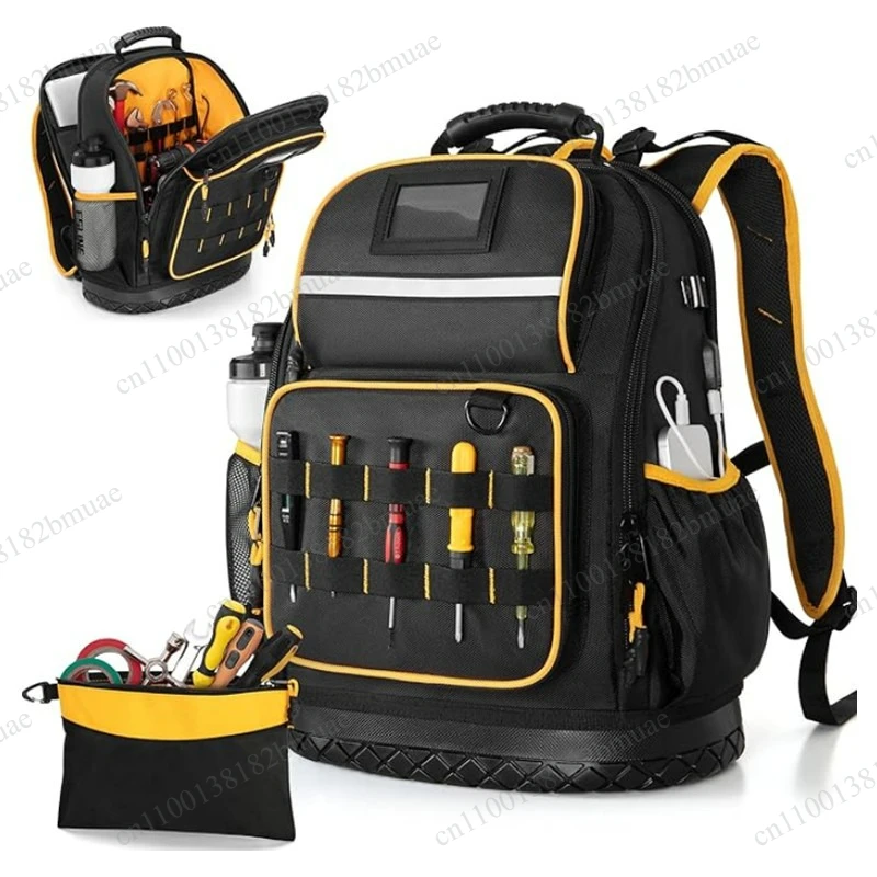 with Multiple Pockets and Laptop Sleeve Tool Backpack with Hard Bottom and A Tool Pouch Heavy Duty Tool Bag