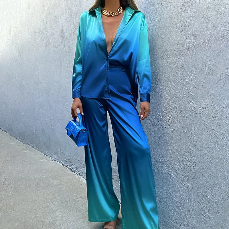 Ardm Elegant Tie Dye Pant Sets Colorful Gradient Satin Long Sleeve Shirt High Waist Wide-leg Pant Streetwear 2 Piece Sets Women