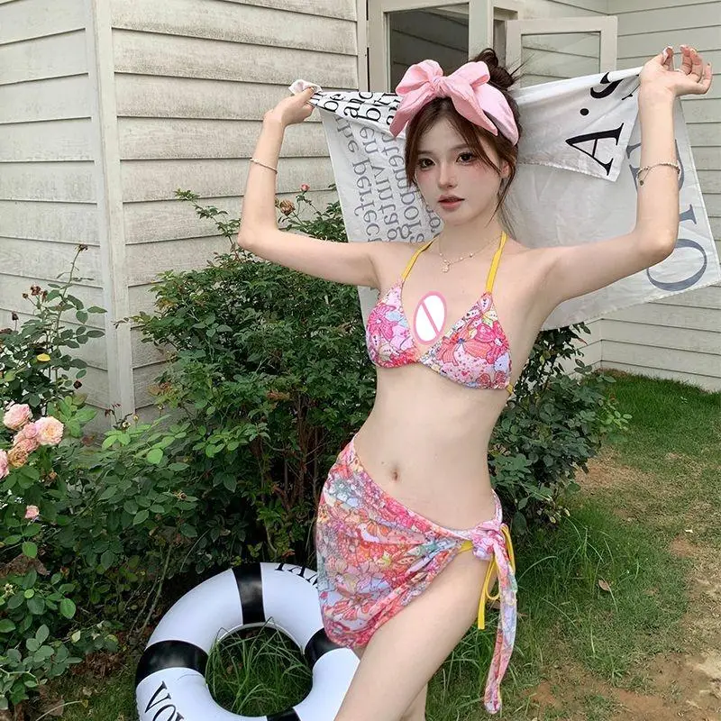 Hot Sanrio Sexy Beach Split Body with Chest Cushion Bikini Kawaii Hello Kitty Hot Spring Athletic Wear Swimsuit Three Piece Set