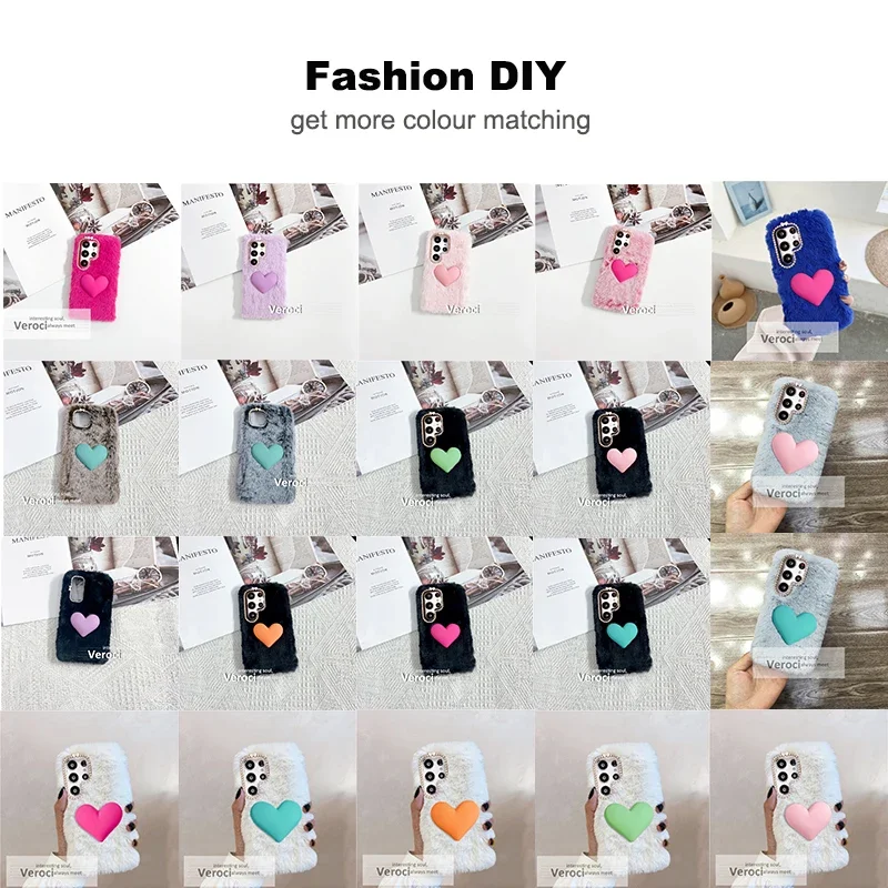 3D Love heart Fluffy Fur Phone Case For Samsung galaxy A12 A02 A52 A32 A72 A42 A71 A51 A21S A11 A31 A01 Cute Soft Cover