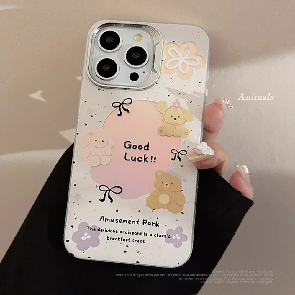 Plating laser rabbit puppy doll art Phone Case For iPhone 16 15 14 13 12 11 Pro Max 15 Plus Case Cute Sweet luxury Cartoon Cover