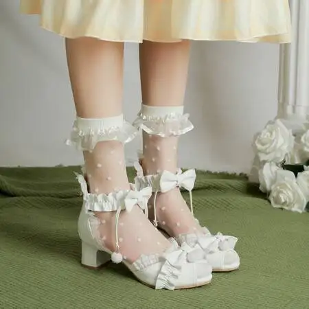 Spring Lace Ankle Strap Women High Heels Mary Jane Pumps Party Wedding Cosplay White Pink Hairball Bow Princess Lolita Shoes