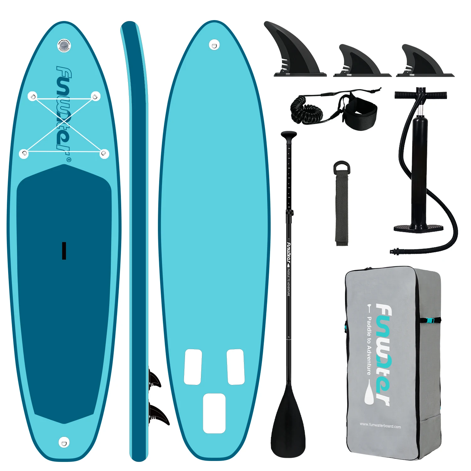Funwater Supw62B Aufblasbares Stand-Up-Paddleboard 320x82x15cm SUP-Board 180kg Tragkraft für Erwachsene mit verstellbarem Paddel, 3 Finnen, Sicherheitsleine, Handpumpe, Rucksack, stabil, langlebig,