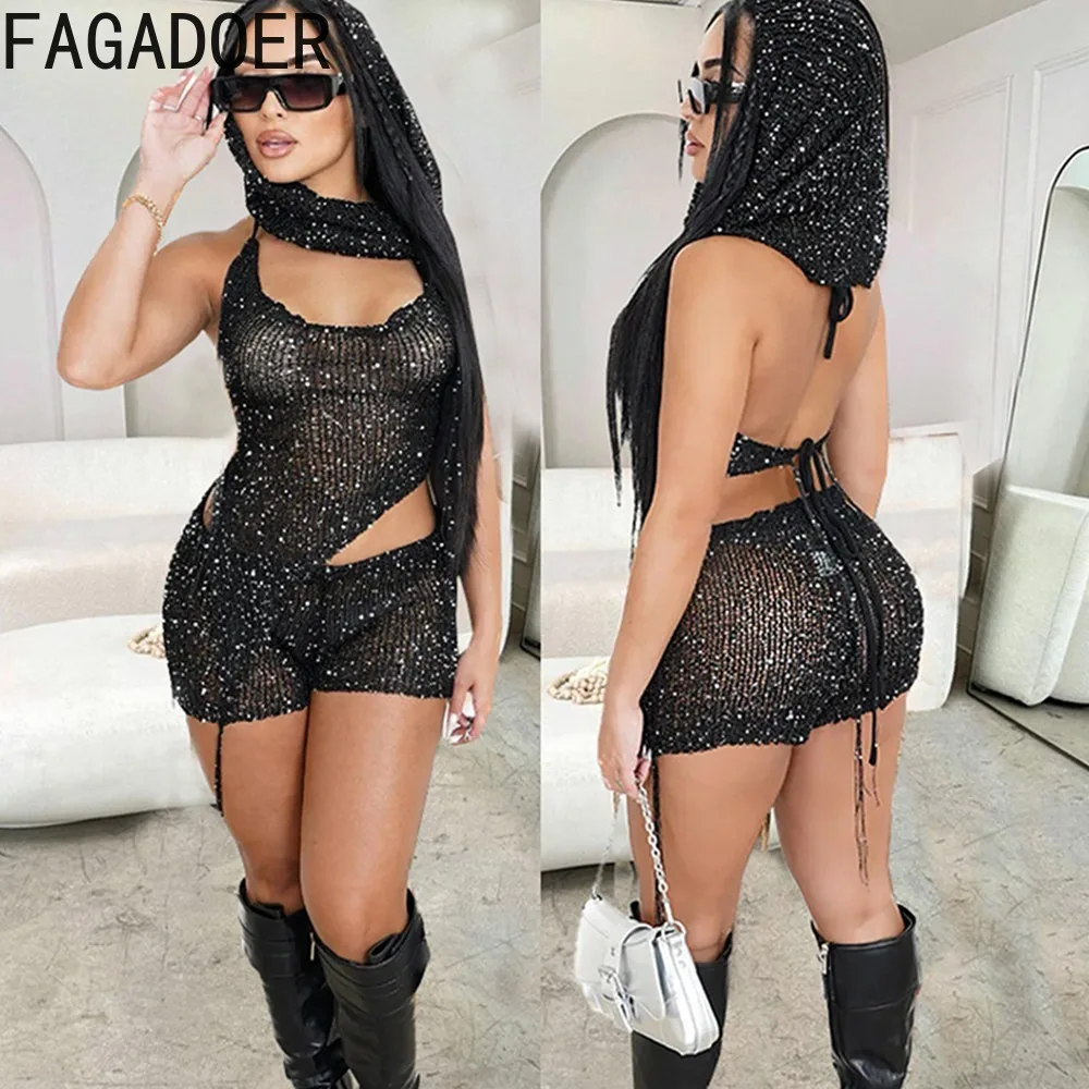 

FAGADOER Sexy Y2K Hollow Sequin Irregular Outfits Fashion Halter Lace Up Backless Top Shorts Scarf 3 Piece Sets Women Streetwear