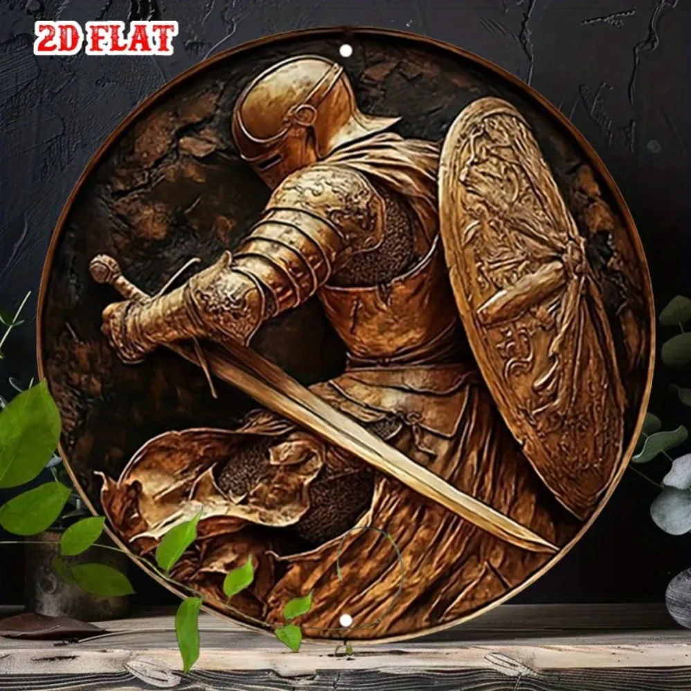 Sword Knight Metal Wall Decor for Home, Durable Medieval Round Sign for Cafe Garage Bar