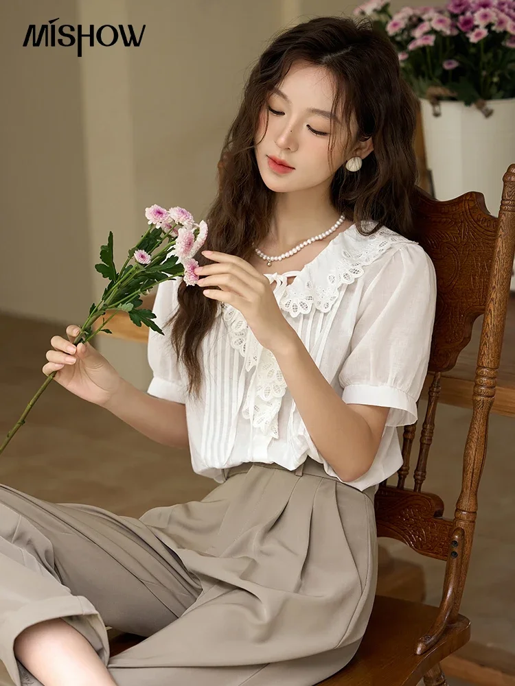 MISHOW Lace-up V Neck Short Sleeve Blouse 2023 Summer Korean 100Cotton Doll Collar Sweet Puff Sleeve Female Solid Top MXC33C0050