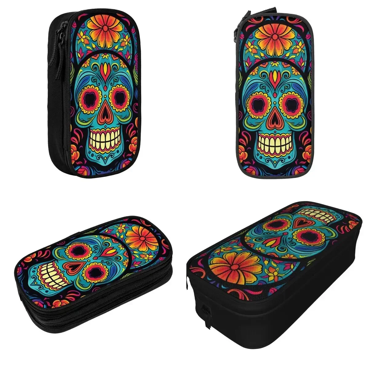 Classic Folk Art Sugar Skull Day Of The Dead Pencil Case Dia De Los Pencilcases Pen for Student Big Bag Office Gifts Stationery