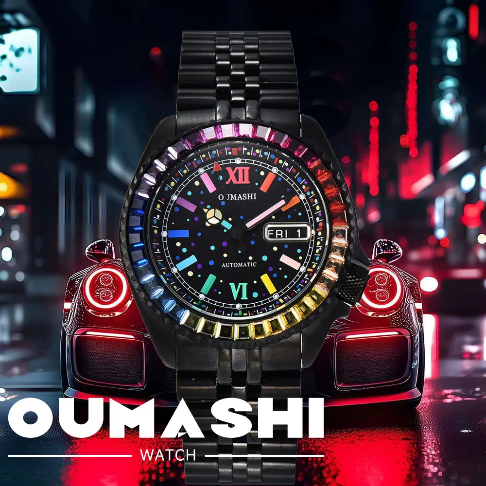 

41mm black men's watch NH36 movement automatic mechanical watch sapphire glass business wristwatch colored gemstone case bezel
