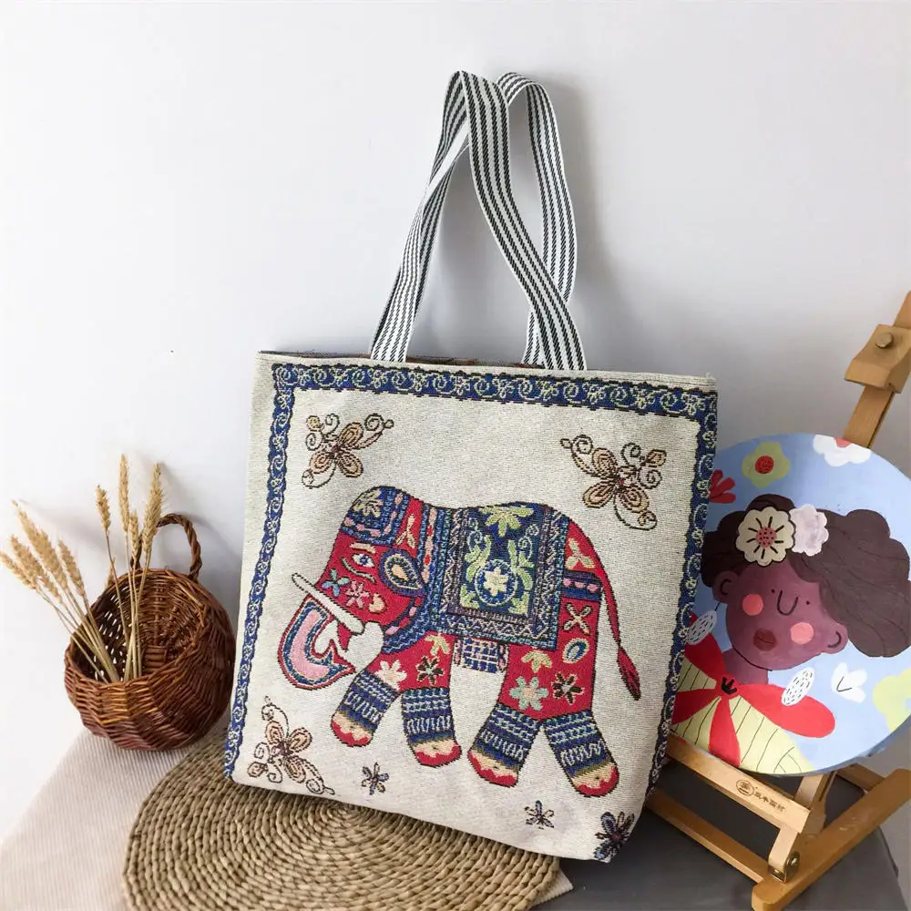 Retro Ethnic Style Canvas Women's Bag Handbag Knitting Embroidered Elephant Flower Square Cloth Bag Fashion Casual Shoulder Bag