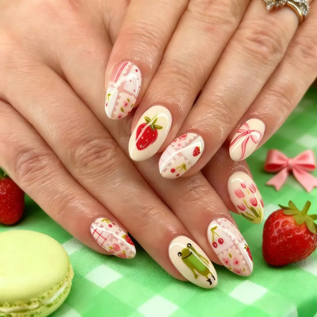 

24 шт. Kawaii Press on Nails SNS Viral Sweet Bow Strawberry Frog Design Румяна Розовый Миндаль Накладные ногти для женщин и девочек Подарок