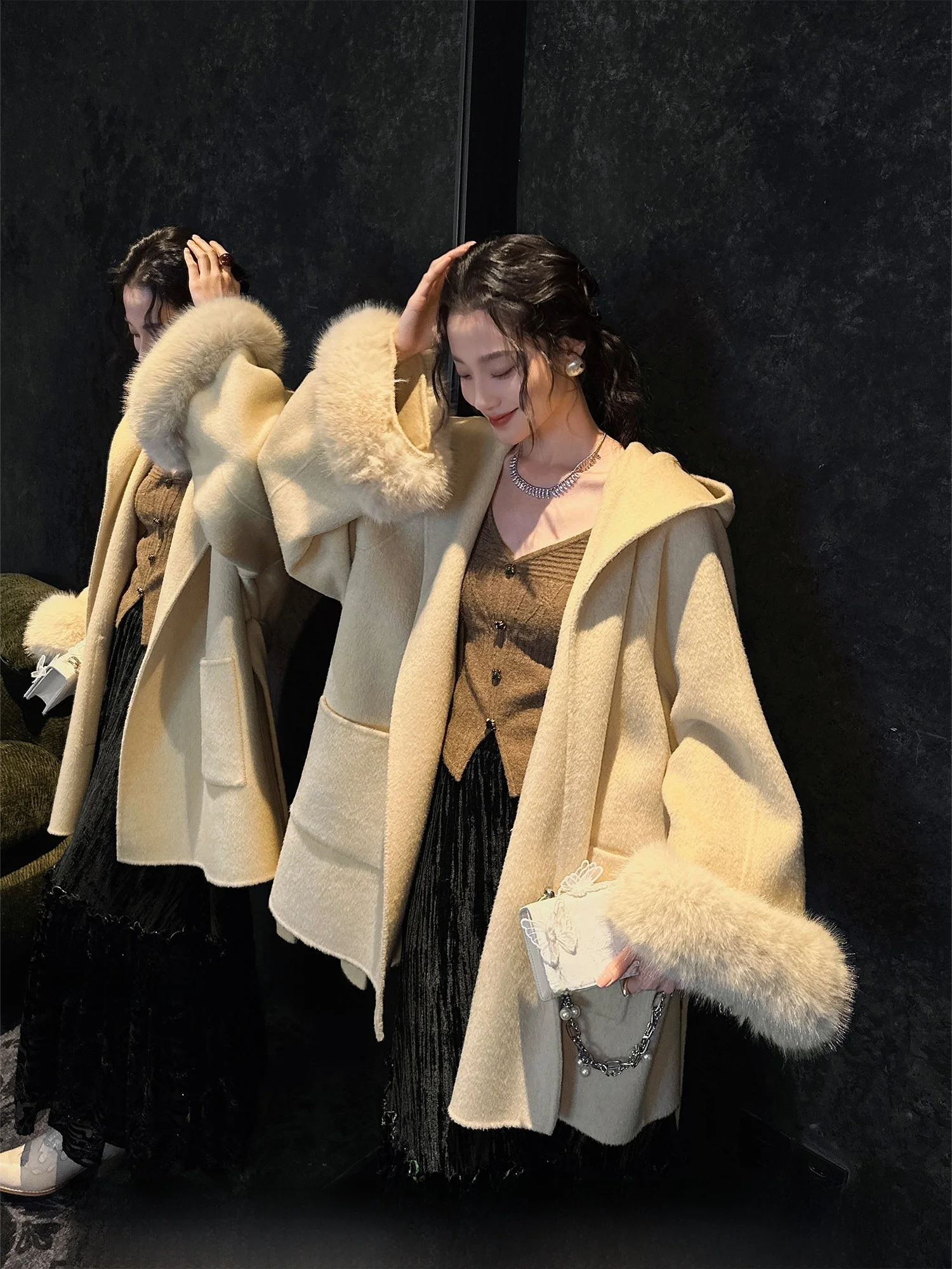 

Зимнее двустороннее шерстяное пальто Anji Bla Flower QiAn с капюшоном и длинными рукавами, в корейском стиле, женское.