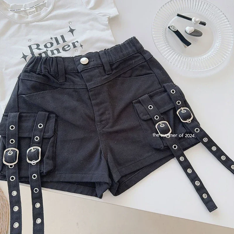 

Summer Girls Hot Shorts Baby Cargo Shorts Kids Shorts Toddler Bottoms Children Streetwear Bottoms Rivet Belt Pocket 2-7Y