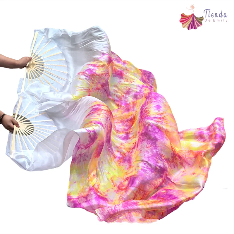 1 Pair Left Right Silk Belly Dance Fan Veil Colorful Tie-Dyed Bamboo Long Fans Veils Women Praise Performance Flowy Stage Props