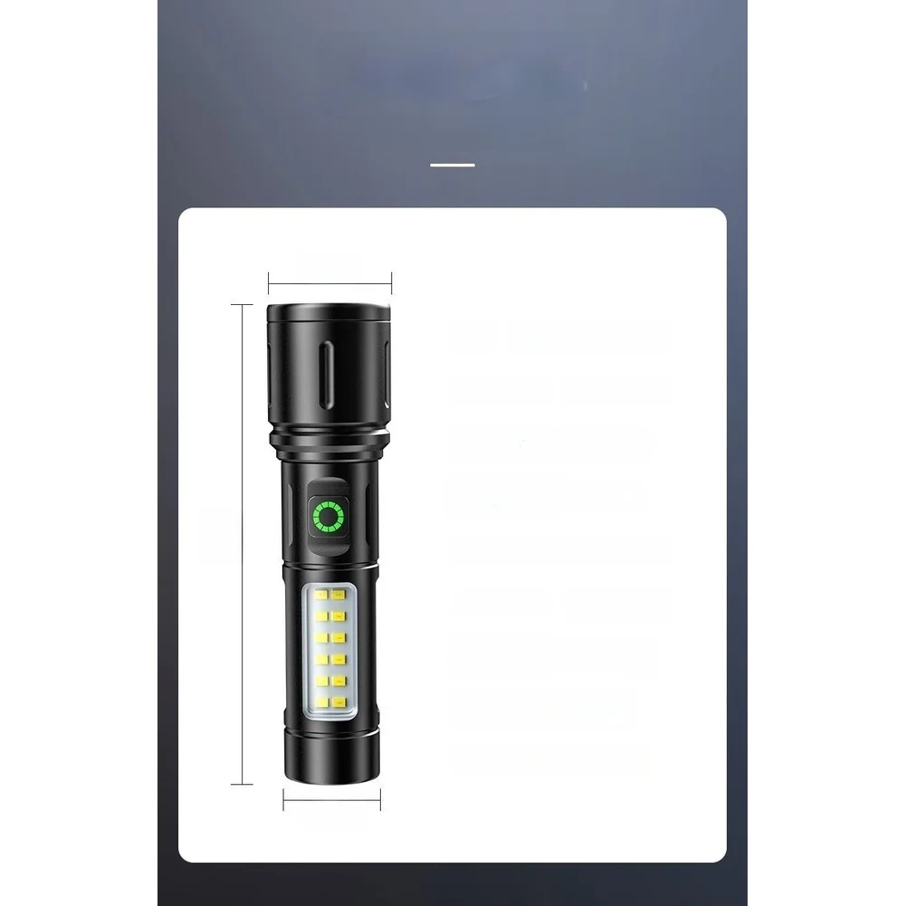 

Фонарик с регулируемым фокусом и боковой COB-подсветкой, дальность 200-500 м, сверхяркое освещение, перезаряжаемый, быстрая зарядка Type-C