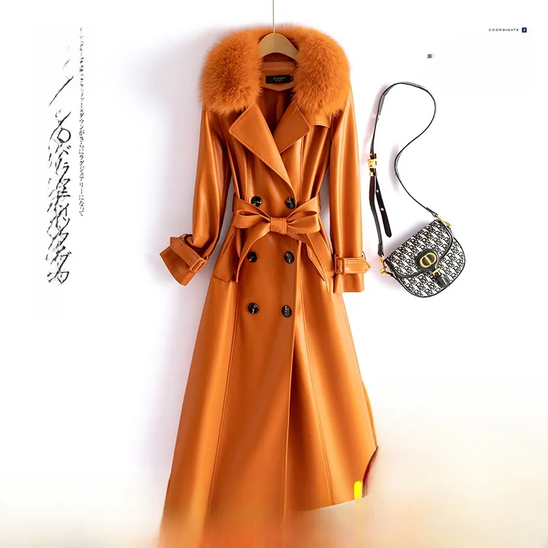 

Женское кожаное пальто Haining из натуральной овчины средней длины, новая модель осень-зима 2025, приталенное, с мехом, утепленное хлопком