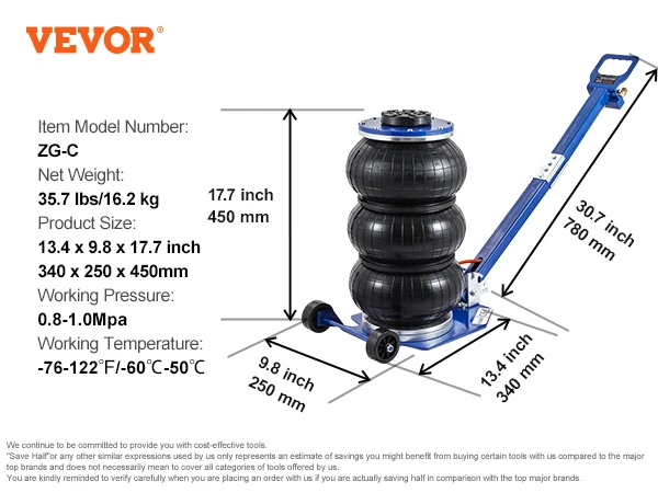 SucceBuy pneumatische krik 3 ton/5 ton drievoudige zak luchtkrik snellift zware autoreparatiekrikken opvouwbare stangkrikken met twee wielen