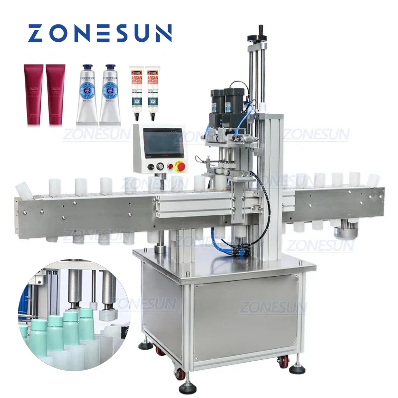 ZONESUN Full Automatic Pneumatic Screw Bottle Plastic Glass Cosmetics Juice Dropper Spout Pouch Capping Machine