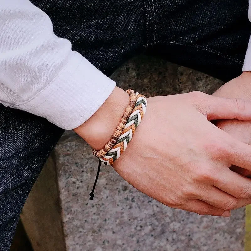 2Pcs Men Bracelet Set Natural Coconut Beads Braclet Homme Handmade Weaven Macrame Braslet Tiger Eyes Stone Brazalete Pulseria image 2