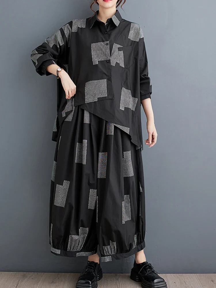 XITAO Loose Print Autumn Two Piece Set Full Sleeve Irregular Top Lantern Wide Leg Pants Fashion Casual 2024 Women Set HQQ2374