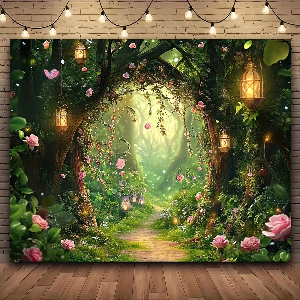 1 Stück Zauberwald-Hintergrundstoff, Polyesterfaser, märchenhafter Wald mit Blumen und Laternen, Geburtstagsfeier