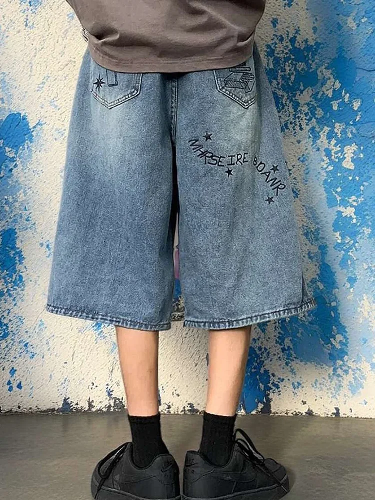 Summer Men Bodybuilding Embroidered Shorts Jeans Male Wide Leg Knee Length Retro Denim Pants Loose Graffiti Drawstring Pants