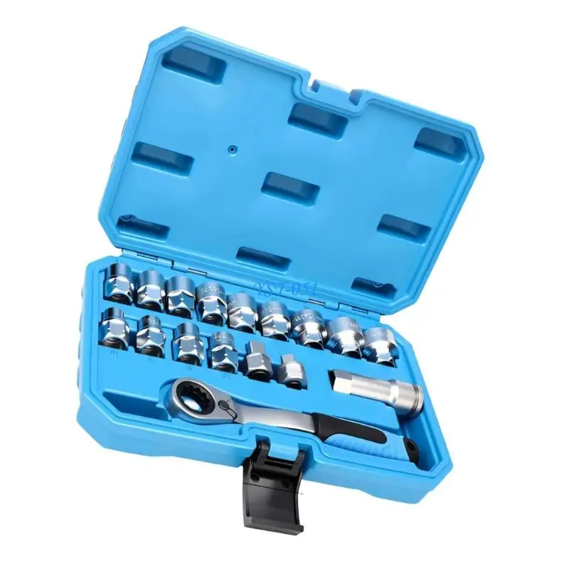 

E15A Набор 12-гранных противоскользящих торцевых головок с двунаправленной трещоткой и сквозным покрытием диаметром от 8 до 24 к