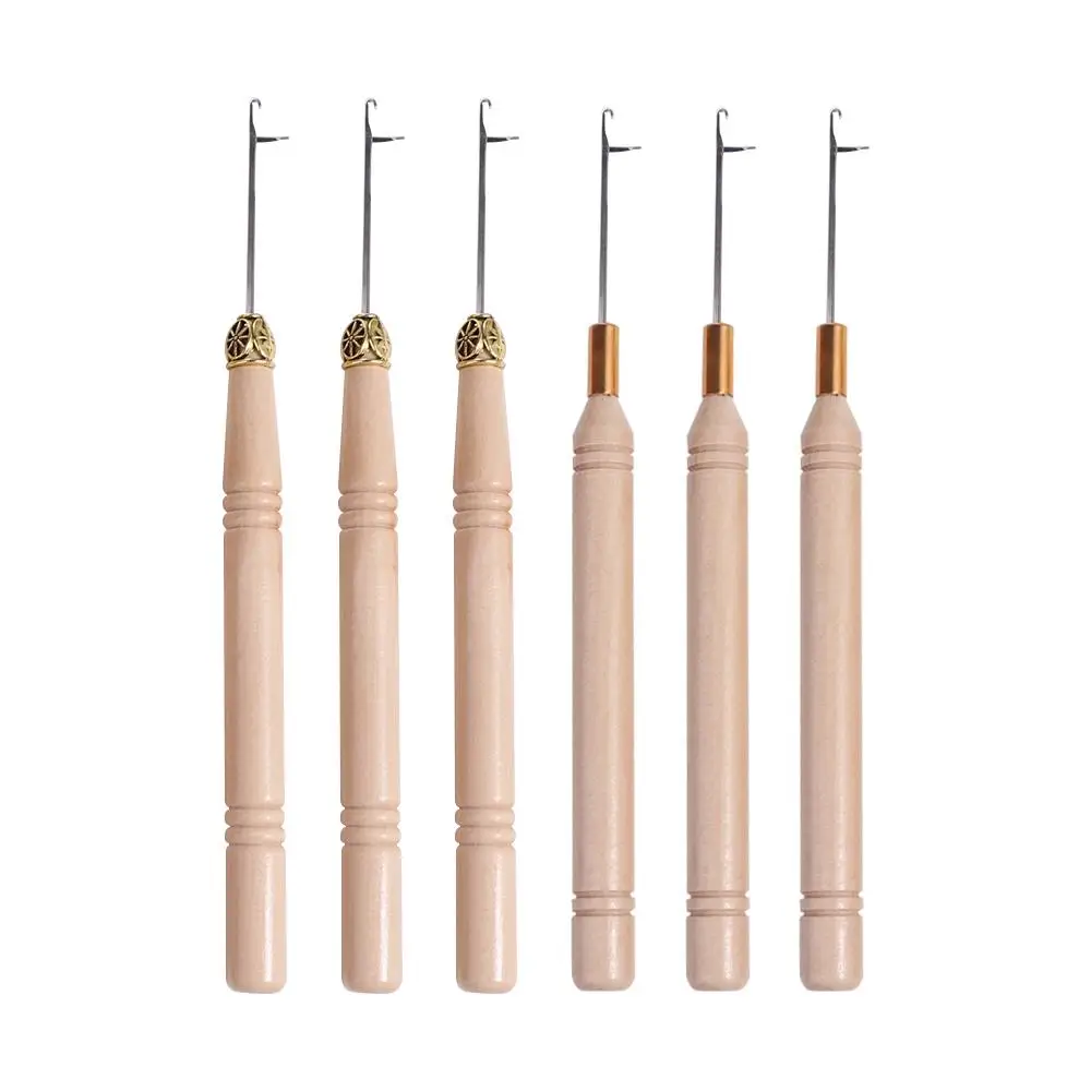 3pcs/set Wooden Handle Crochet Hook Sewing Tools Hair Weaving Knitting Micro Hook Hair Extensions Metal Hook Needles DIY