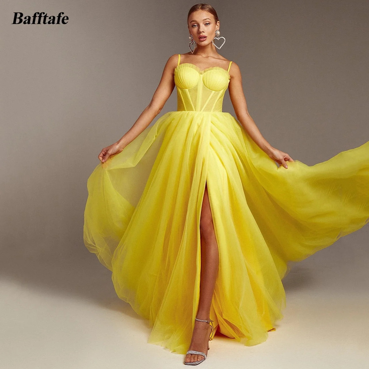 Bafftafe Yellow Tulle A Line Prom Dresses Slit Transpant Top Evening Special Occasion Gowns Women Formal Party Dress Customized