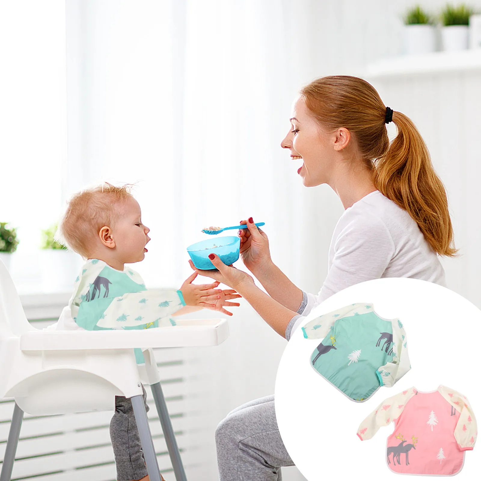 

2pcs Baby Smock Waterproof Feeding Apron Bib Easy Wash Dry Safe Material Comfortable Design Adjustable Length Child Eating