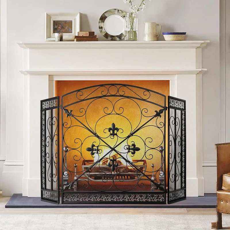 Vintage country fireplace screen metal protective cover three-fold wrought iron home stove partition