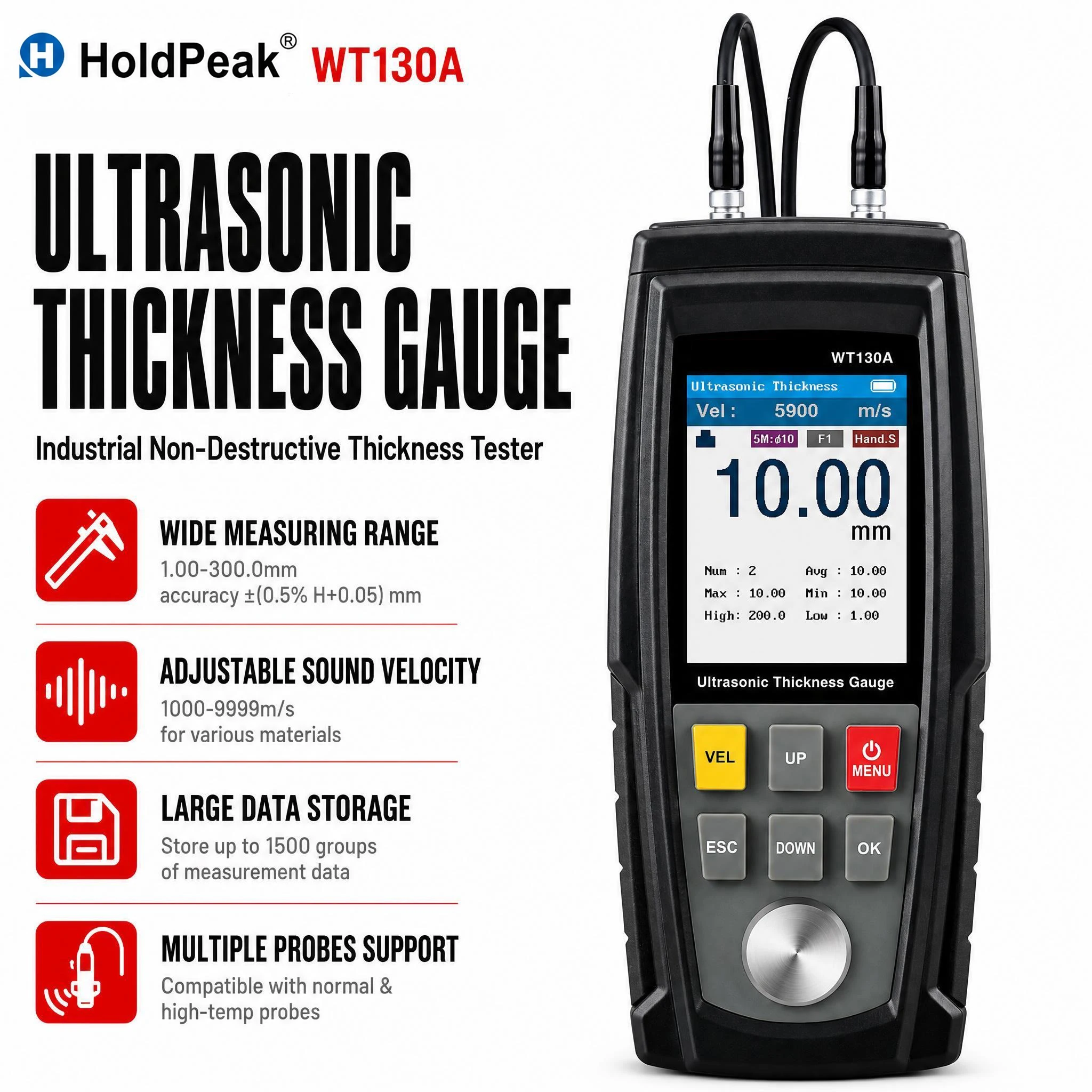 Digital Ultrasonic Thickness Gauge 1.00-300mm 0.039-11.81in 0.01mm Res 5MHz USB Portable Metal Nonmetal Tester for Industrial