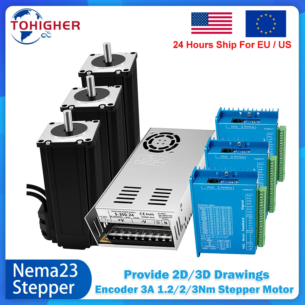 Nema23 2 Phase 1.2Nm 2Nm 3Nm 57mm Closed Loop Stepper Motor Drive kit 200W Power Supply Kit Easy Servo Motor For CNC Router