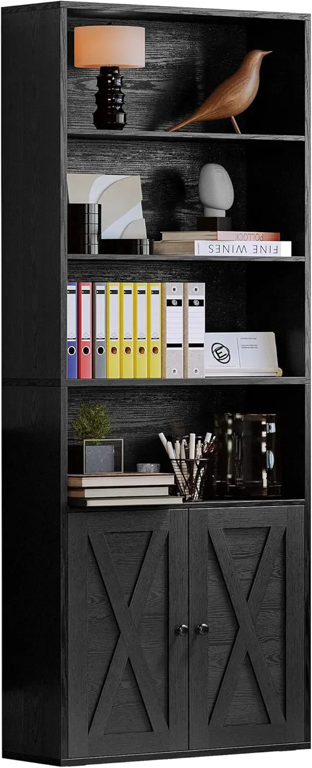 Industrial Bookshelves and Bookcases with Doors Floor Standing 6 Shelf Display Storage Shelves 70 in Tall Bookcase for