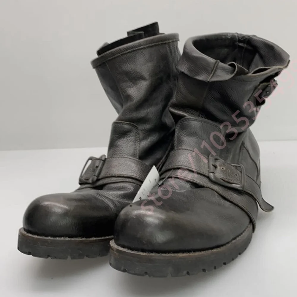 Black Leather Biker Ankle Boots Round Toe Multi Buckle Straps Fold Over Top Slip On 2026 Retro Motorcycle Combat Boot Thick Sole
