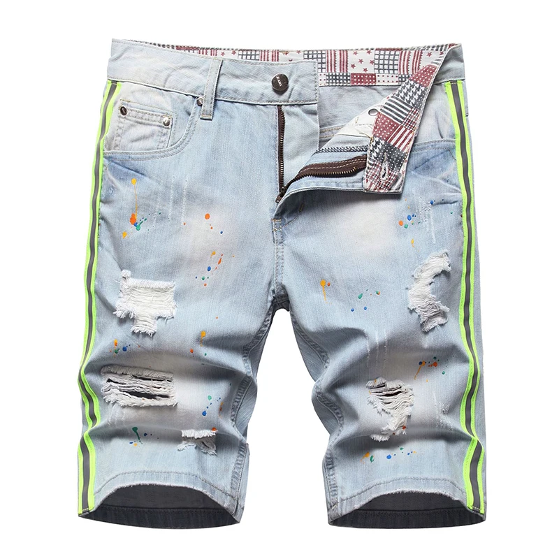 

2023 Summer Mens Ripped Short Jeans Vaqueros Hombre Bermuda Cotton Side Stripe Fluorescent Shorts Breathable Thin Denim Shorts