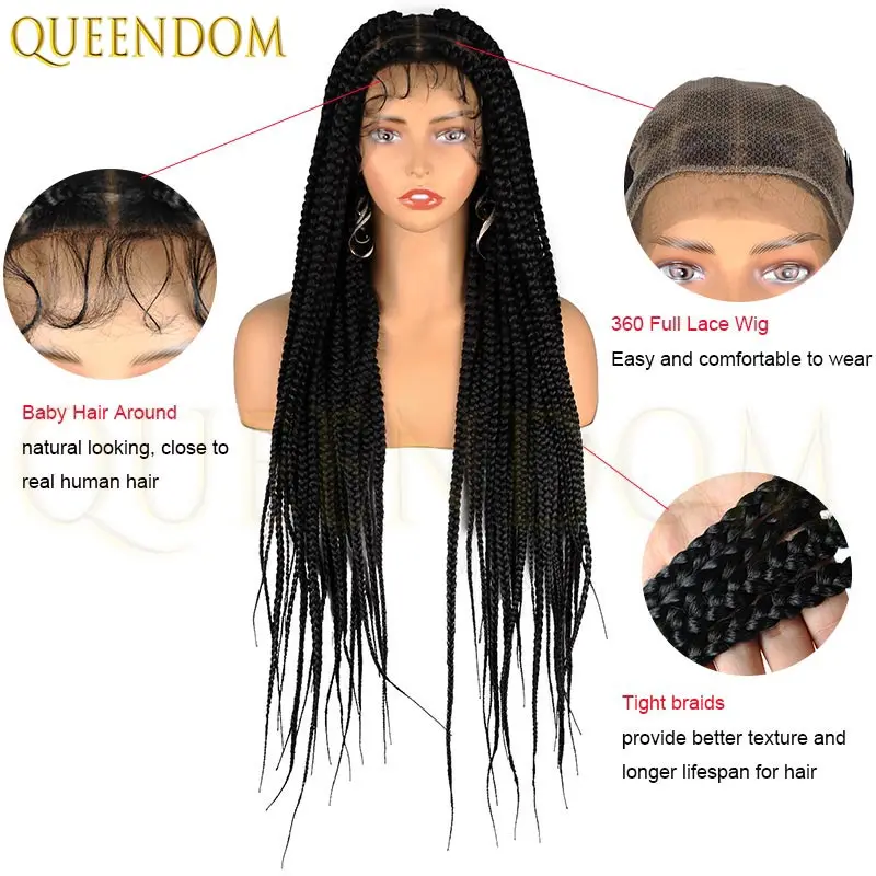 36 بوصة الاصطناعية شعر مستعار أسود طويل كامل الدانتيل شعر مستعار مضفر كبير مربع Knotless صندوق الضفائر شعر مستعار للنساء السود شعر مستعار كورنو