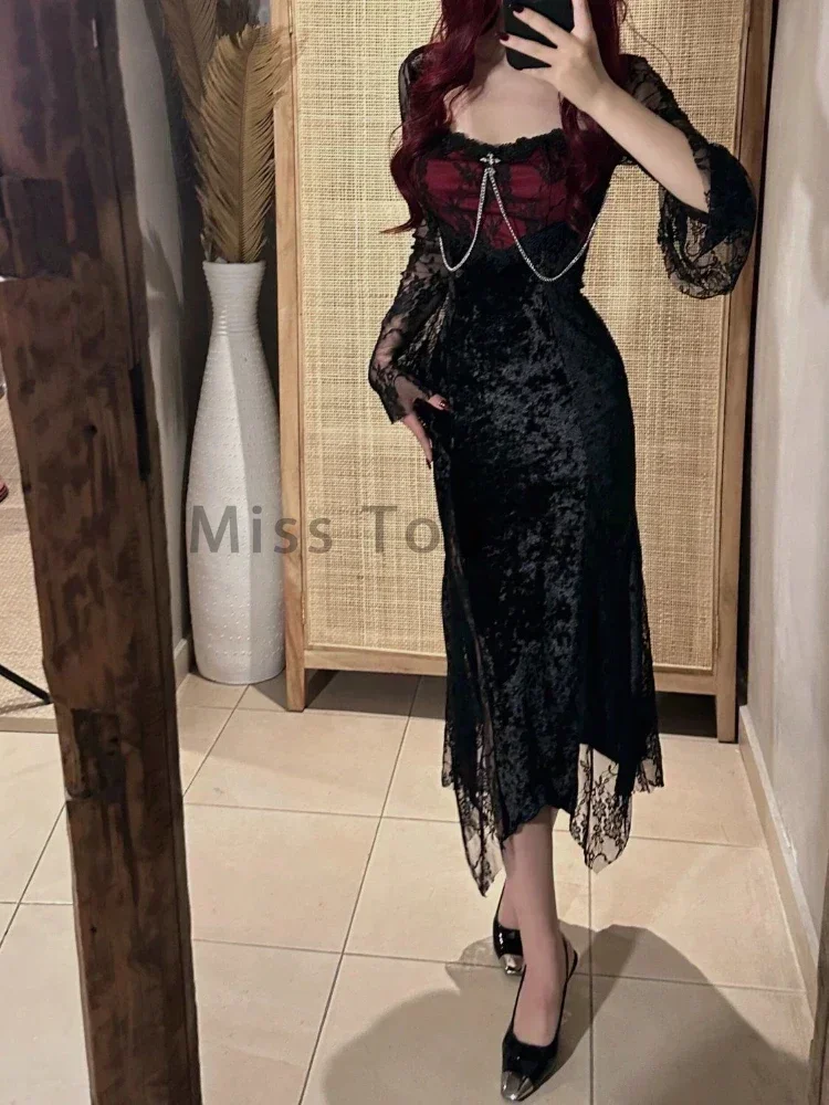 冬ゴシックグランジy2kレースドレス韓国ファッションデザインフェスティバルロングプロムドレス女性ダークアカデミアセクシースリムパーティードレス