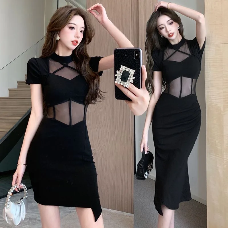 2024 New Women's Summer Hottie Sex Appeal Pure Desire Style Patchwork French Gauze Dirthday dress Slimming New Black Dress