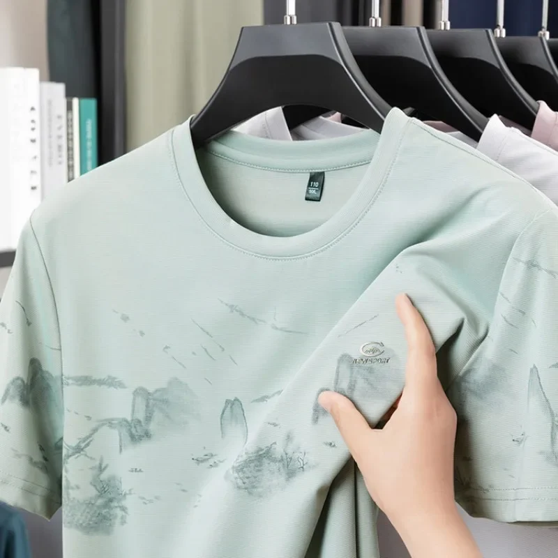 GELITAYIN Men Luxury Fashion Landscape Printing Short Sleeve Elastic Ice Silk Cool Fabric Seamless Premium Tshirt Summer Lightwe